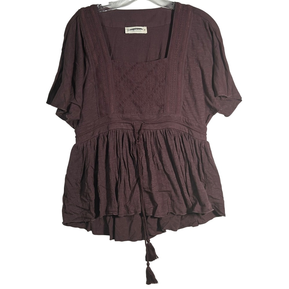 Lucky Brand Square Neck Peplum Top‎ Tassel Drawstring Burgundy XS